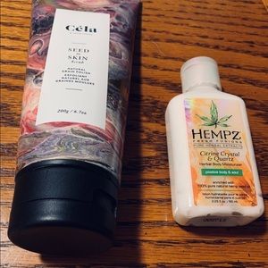 Cela body scrub and Hempz body lotion.